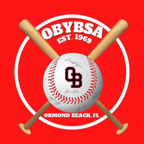 OBYBSA Logo Ormond Beach Youth Baseball & Softball Association Logo with Red Background